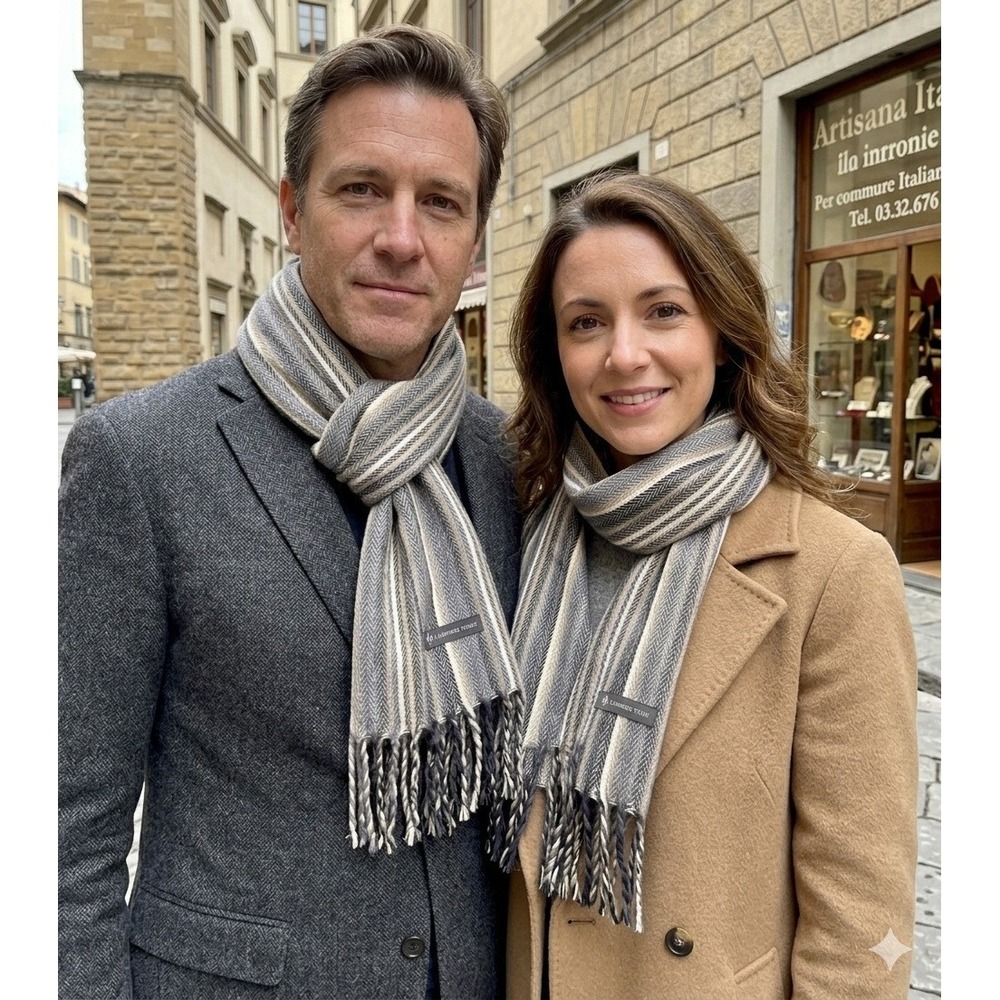 Cashmere‎ Finished Striped Winter Scarf Fringe  Grey White Made in ItalyUnisex